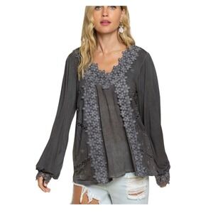 POL Women Charcoal Gray Boho Floral Lace Trim Balloon Sleeve Blouse Size M